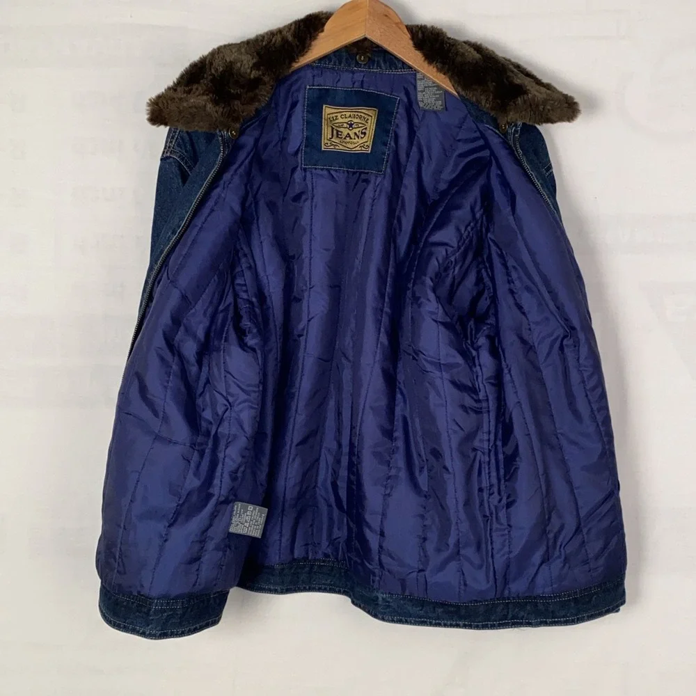 Liz Claiborne Jeans Jacket Girls L Blue Denim Cotton Faux‎ Fur Collar Zip Up